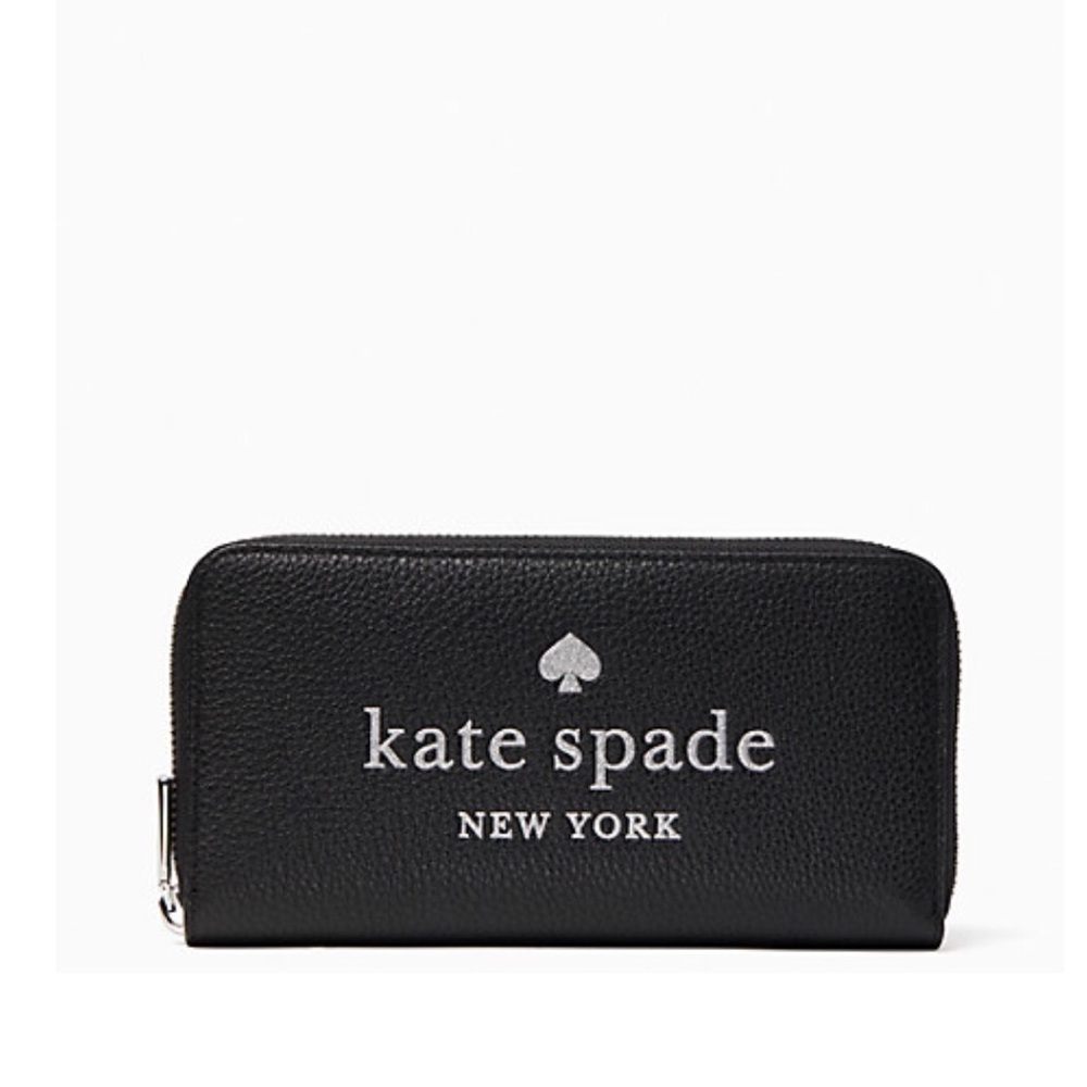 Kate Spade glitter on large continental wallet Black with Silver Logo NWT